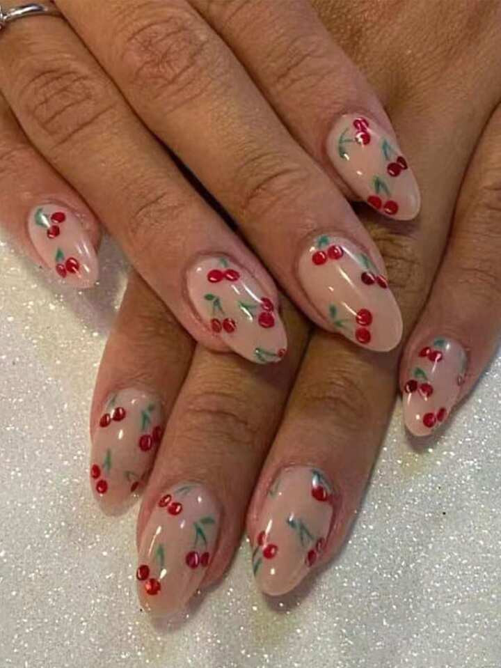 24 Pieces Of Oval Spring Summer Cherry Minimalist Fake Nails, Nail Products 1 Nail Glue And 1 Nail File, Suitable For Female Friends Daily Wear And Shopping | SHEIN