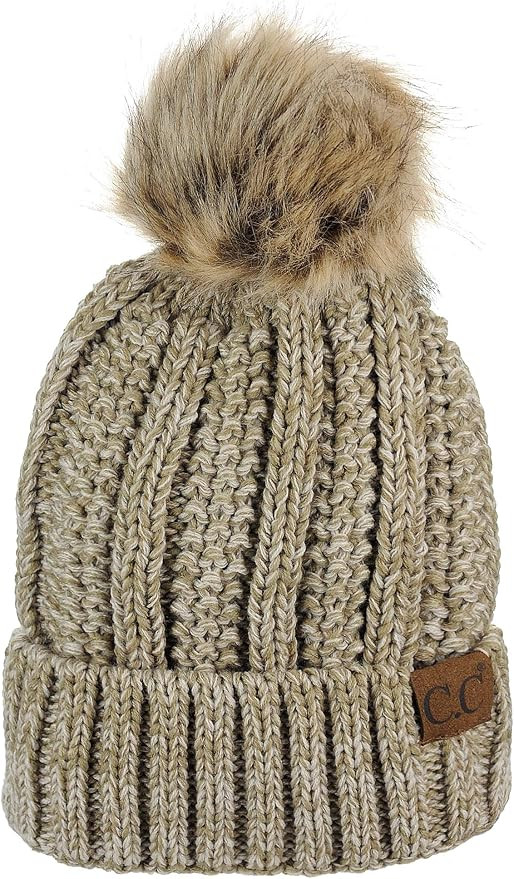 C.C Thick Cable Knit Faux Fuzzy Fur Pom Fleece Lined Skull Cap Cuff Beanie | Amazon (US)