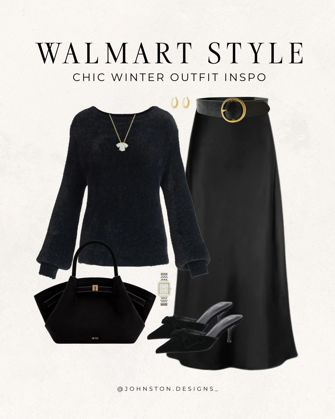 Chic winter outfit inspo from Walmart! Work outfit, holiday attire, women's affordable clothing finds, look for less style, satin black skirt, fuzzy sweater, velvet bow, Walmart fashion.
 

 #LTKHoliday #LTKootd #LTKWorkwear