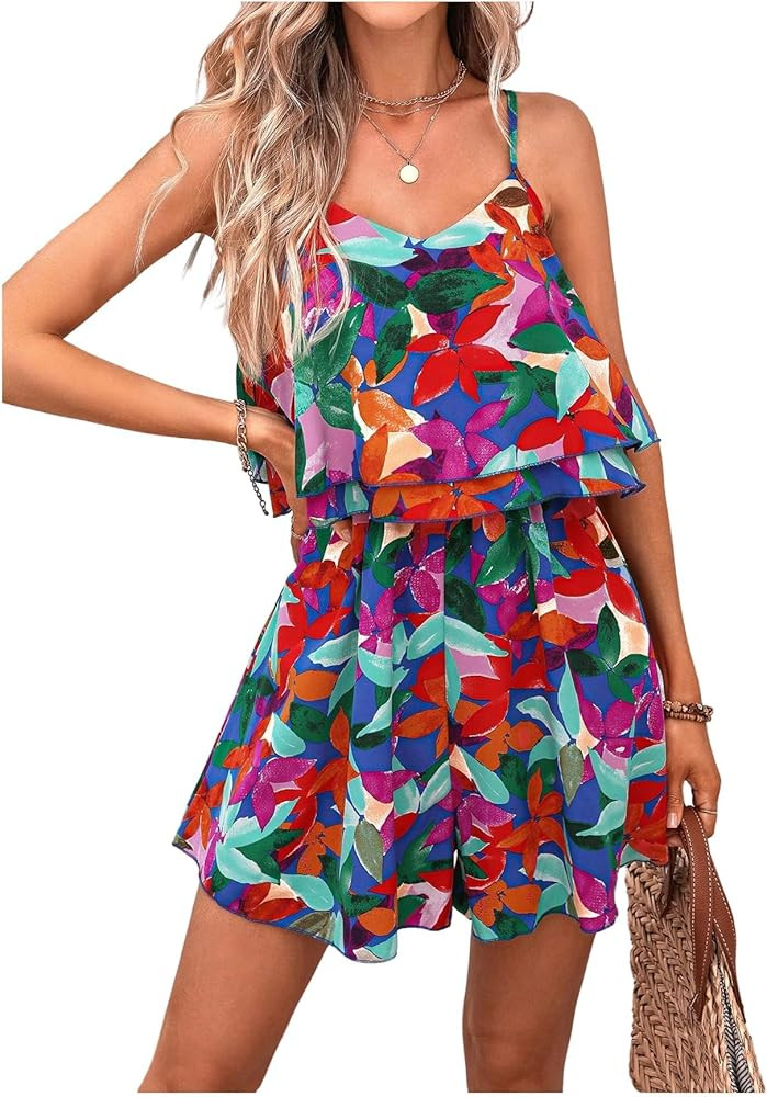 RoseSeek Women's Boho Wide Leg Short Romper Spaghetti Strap Layered Ruffle Vacation Summer Jumpsu... | Amazon (US)