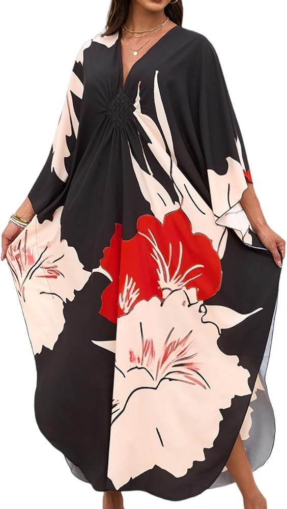 Print Moo-Moos for Women Kaftan Cover-Up Dresses Sexy V-Neck High-Slit Beach Pool-Party Coverups ... | Amazon (US)