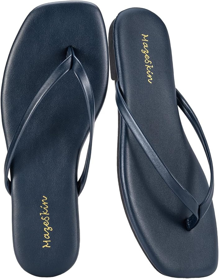 mazeskin Womens Memory Foam Flip Flops Leather Flat Sandals | Amazon (US)