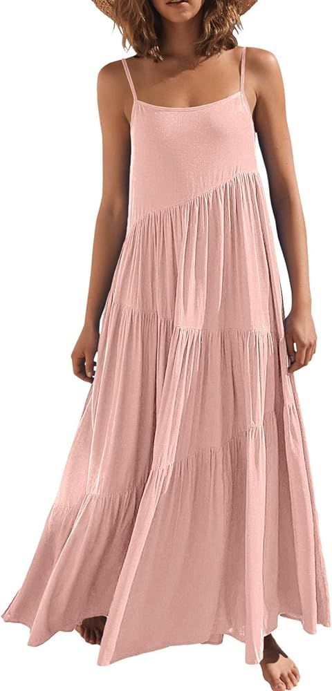 LOGENE Women's Summer Casual Loose Dress Spaghetti Strap Beach Cover Up Long Cami Maxi Dresses | Amazon (US)