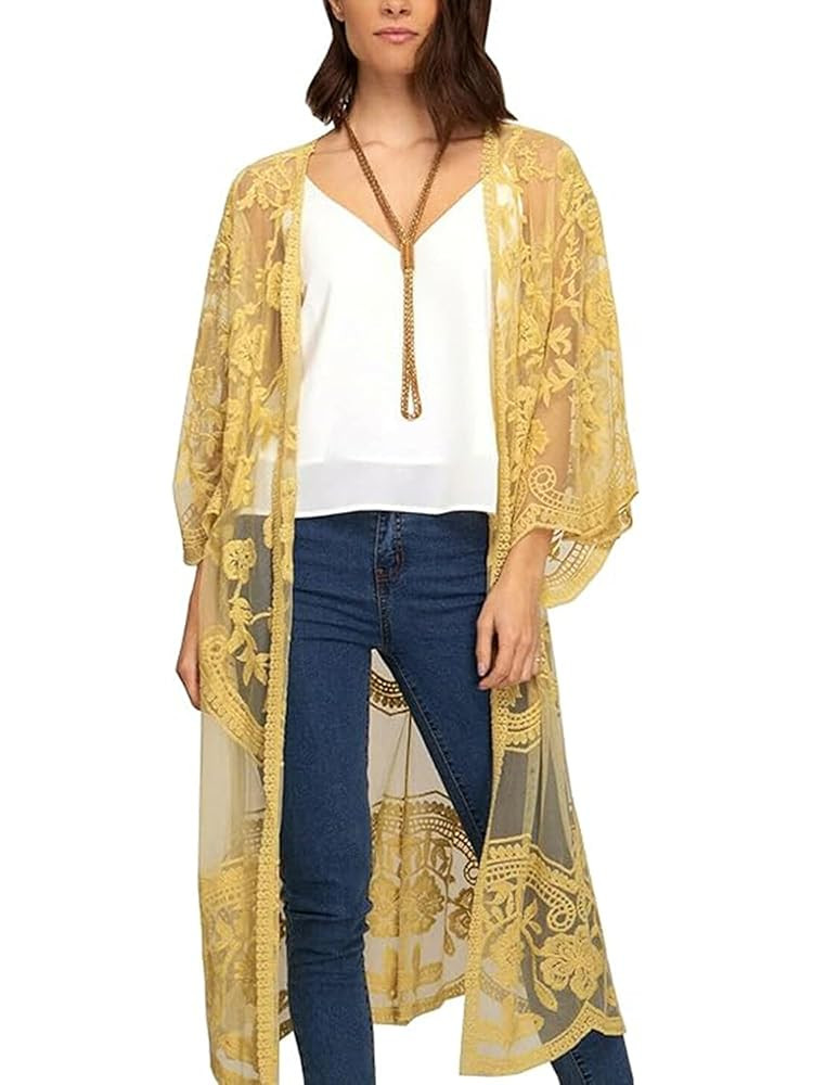 FaroDor Women Lace Long Flowy Kimono Cardigan Boho Style Beach Open Cover Ups | Amazon (US)
