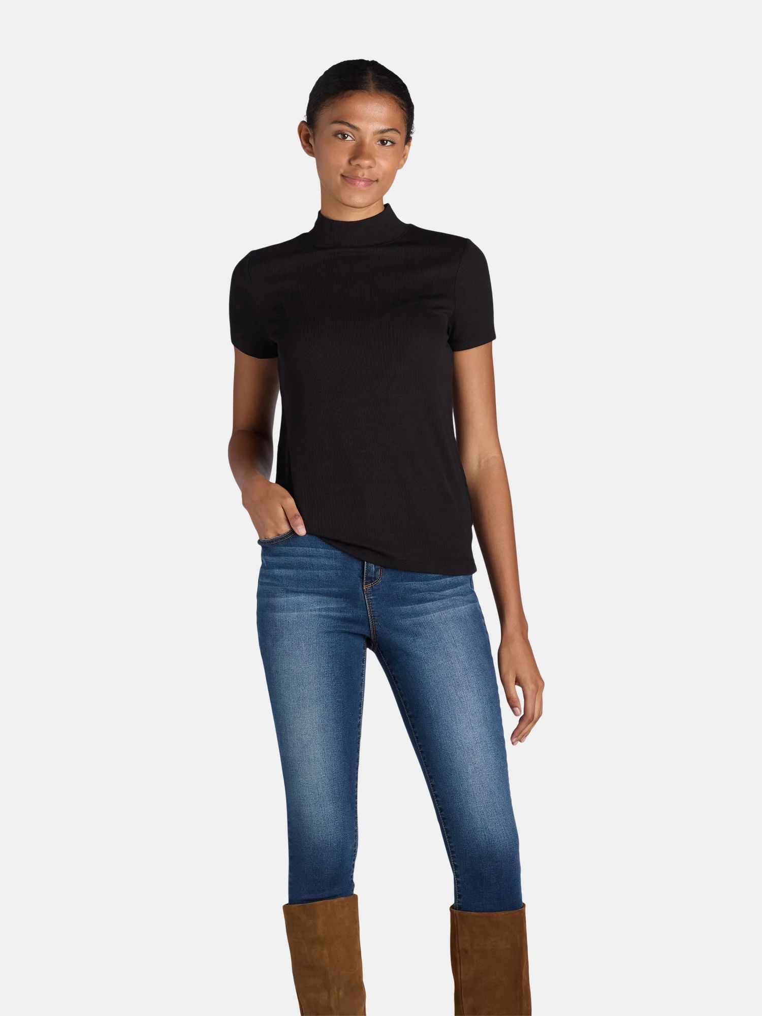 Time and Tru Women’s Mock Neck Top with Short Sleeves, Sizes S-XXXL | Walmart (US)