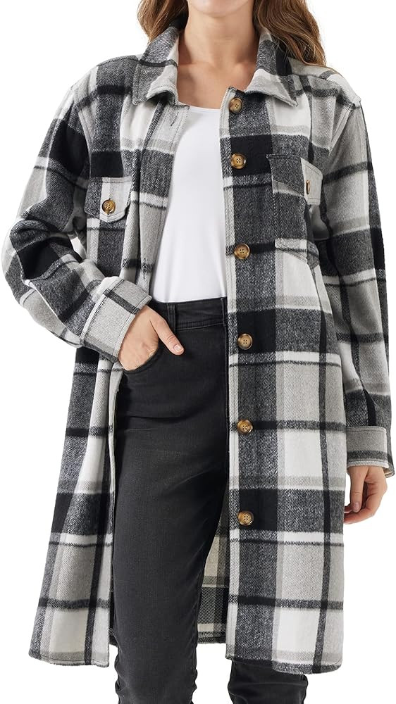URBEST Women's Oversized Plaid Shacket - Cozy Long Sleeve Button Down Jacket with Pockets, Knee L... | Amazon (US)