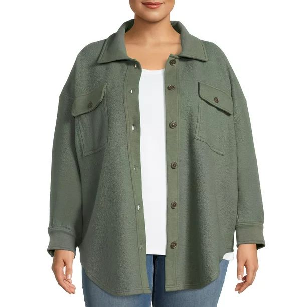 Terra & Sky Women's Plus Size Fleece Two Pocket Shacket - Walmart.com | Walmart (US)