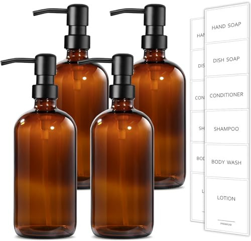 GMISUN Amber Glass Soap Dispenser, 4 Pack Bathroom Hand Soap Dispensers with Stainless Steel Pump, 17 Fl Oz Kitchen Hand and Dish Soap Dispenser Set, Modern Vintage Liquid Brown Soap Dispensers Bottle | Amazon (US)