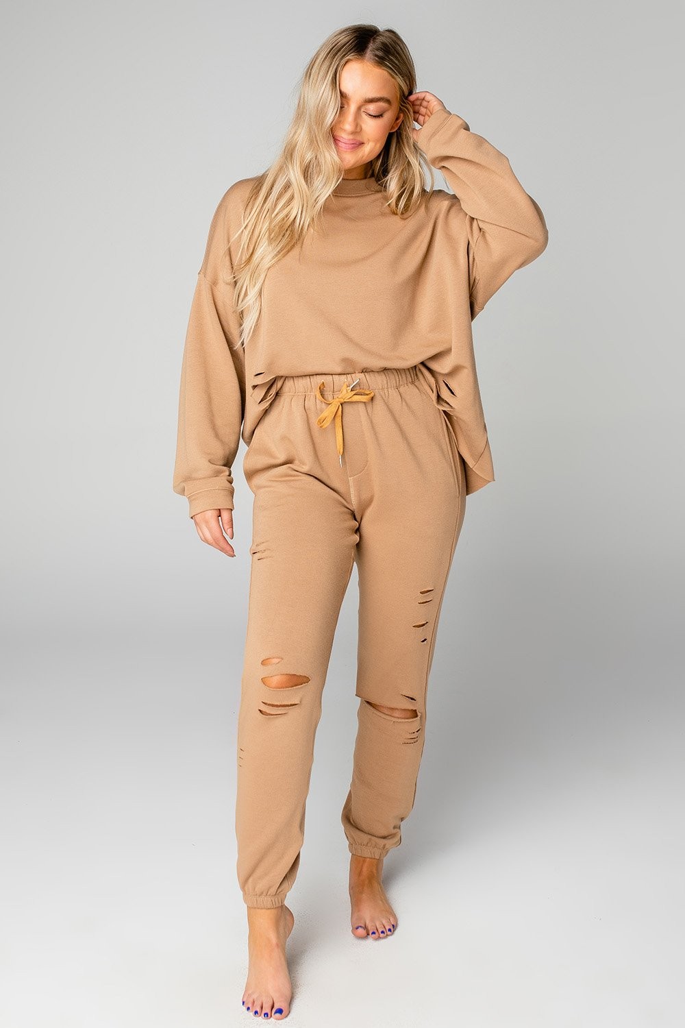 Bella Distressed Loungewear Set - Tan | BuddyLove