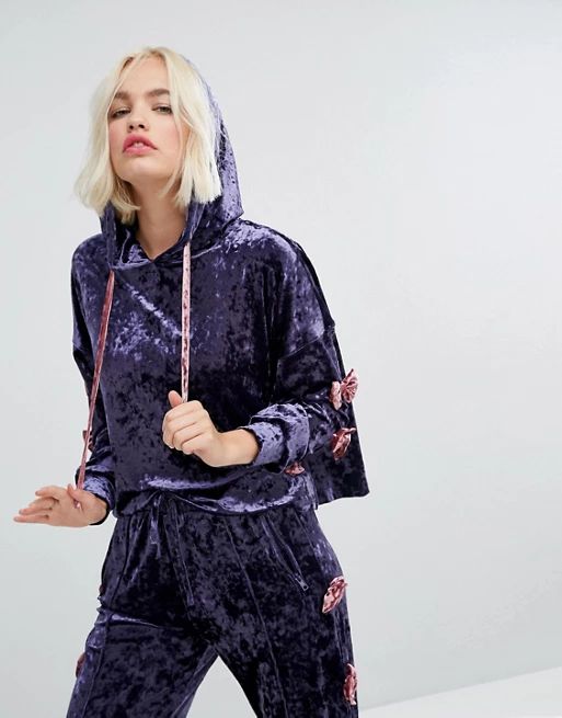 Lazy Oaf Cropped Velvet Hoodie With Bow Sleeve Detail In Luxe Velvet Co-Ord | ASOS US