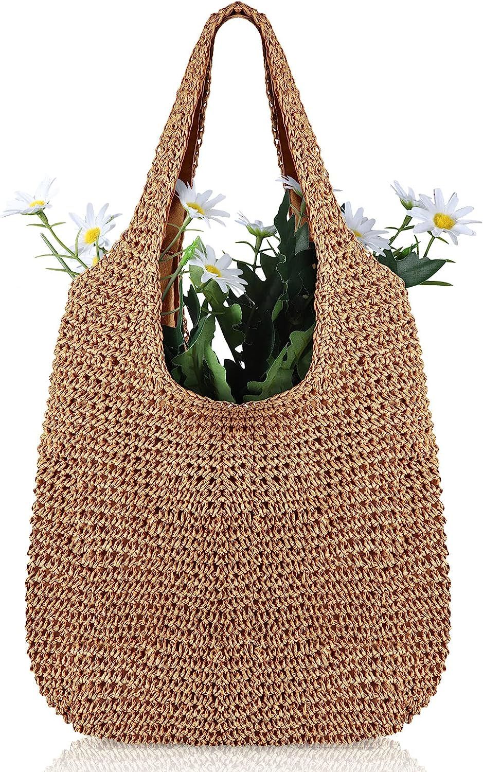 Women Straw Beach Bag Bucket Tote Summer Woven Handmade Handbag Shoulder Bag | Amazon (US)