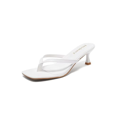 Hodeery Women's Kitten Heels Thong Sandals Open Square Toe Flip Flop Low Heels 2.5 Inch Slip On Sexy Women Dressy Slide Shoes for Casual White 9 | Amazon (US)