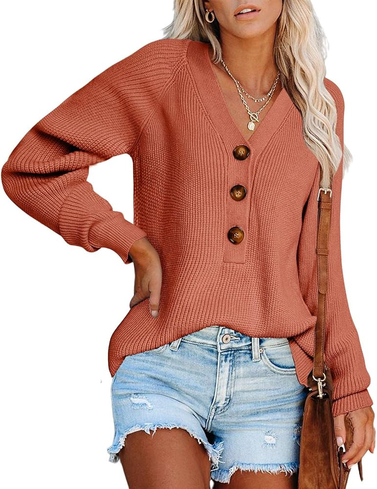 Carryvicty Womens Button Down Knitted Pullover Henley V Neck Sweaters Fall Long Sleeves Sweater | Amazon (US)