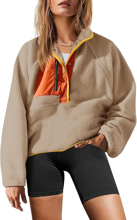 Yanekop Womens Fuzzy Fleece Pullover Sherpa Sweatshirt Long Sleeve Button Down Sweater Jacket wit... | Amazon (US)