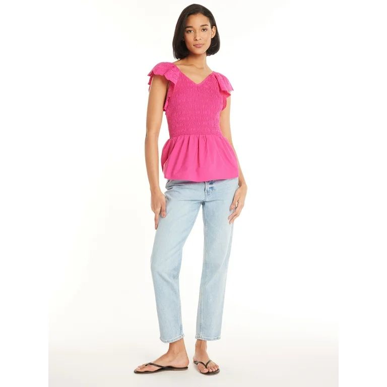 Time and Tru Women's Smocked Bodice V-Neck Eyelet Top, XS-3XL | Walmart (US)