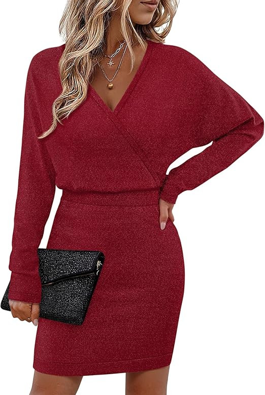 Bebonnie Womens Sexy V Neck Batwing Sleeve Sparkly Cocktail Party Sweater Dresses Holiday Bodycon... | Amazon (US)