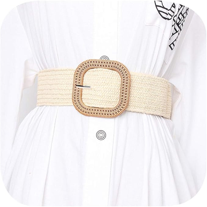 Women Skinny Dress Belt, Fashion Straw Woven Elastic Stretch Waist Band Wood Buckle Belt | Amazon (US)