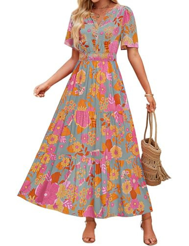ZESICA Women's 2025 Summer Casual Floral Print Short Sleeve V Neck High Waist A Line Tiered Flowy Boho Maxi Dress,GreyGreen,X-Large | Amazon (US)