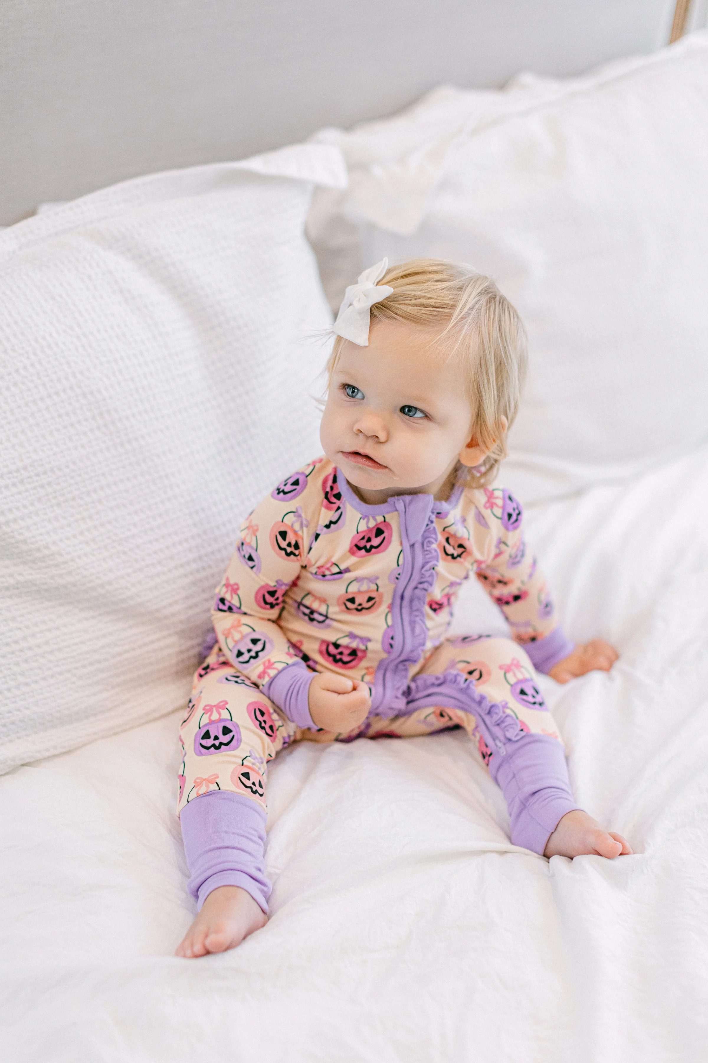 Pink Halloween Bucket Premium Ruffle Romper | Poppy Kids Co