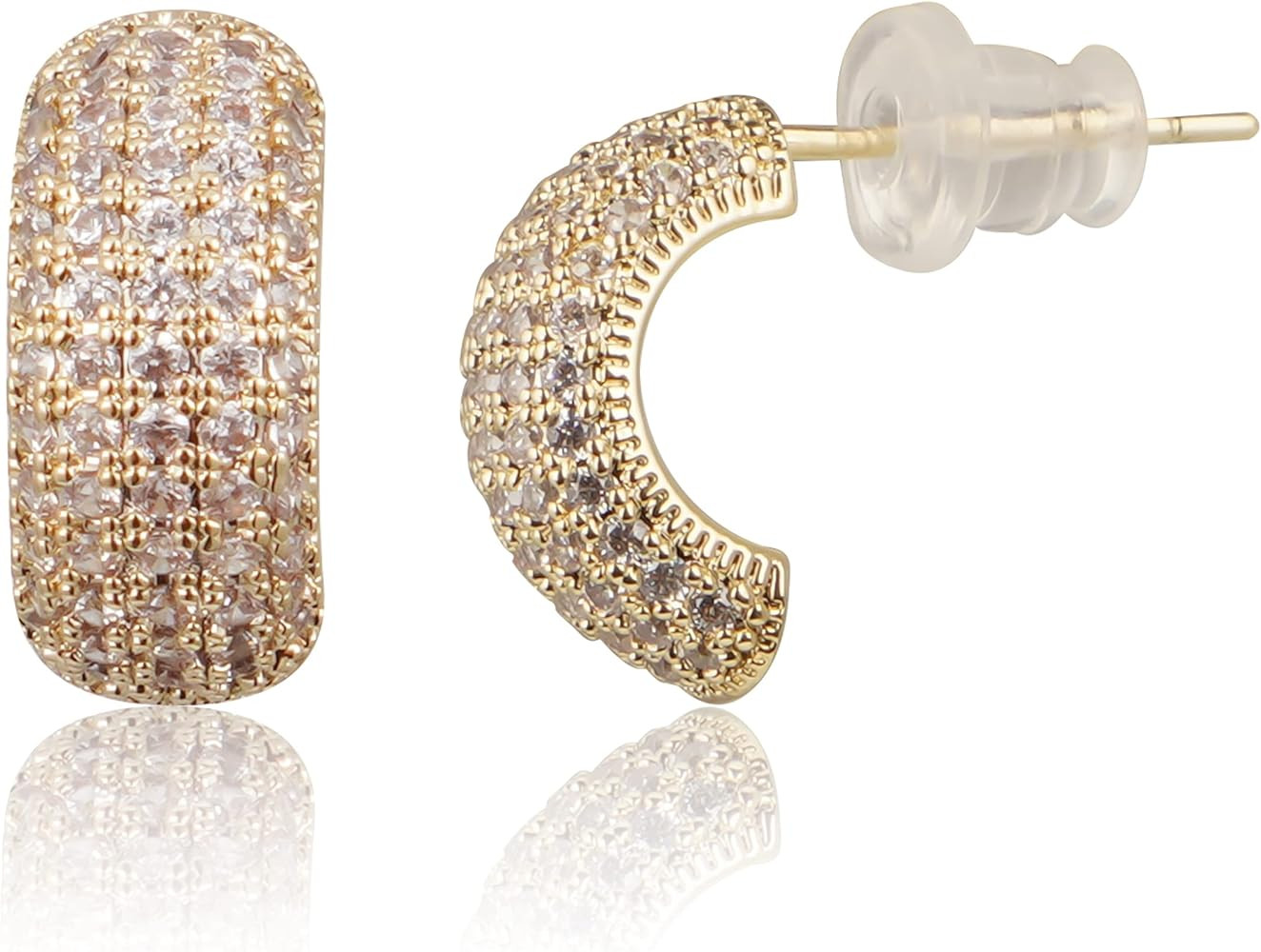 14K Gold Plated Brass 925 Sterling Silver Post Sparkle Cubic Zirconia Hypoallergenic Small Half Gold Hoop Huggie Earrings For Everyday Fashion Jewelry Gift | Amazon (US)