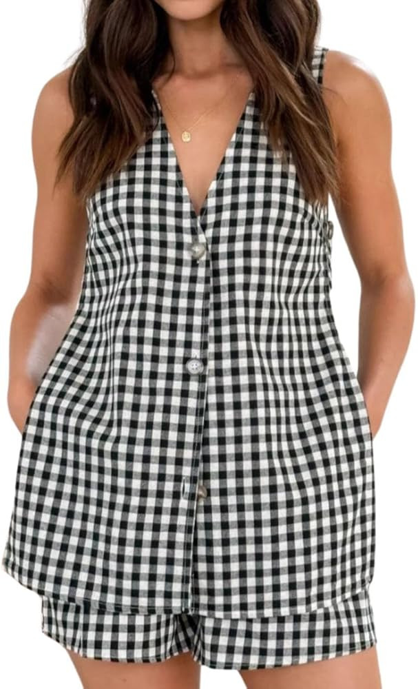 Women's 2 Piece Summer Outfits Gingham Vest and Shorts Matching Set | Amazon (US)
