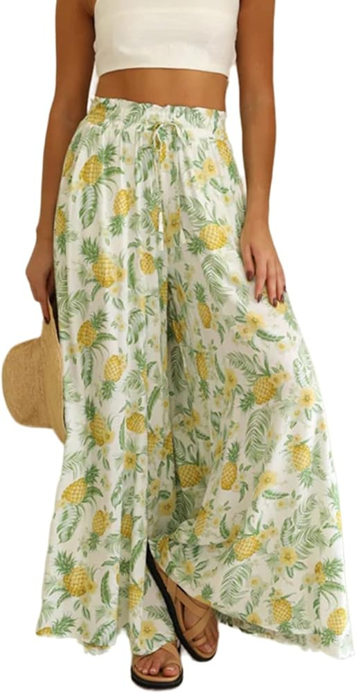 YOCUR Women Summer Beach Vacation Pants High Waisted Wide Leg Pants Printed Loose Flowy Palazzo L... | Amazon (US)
