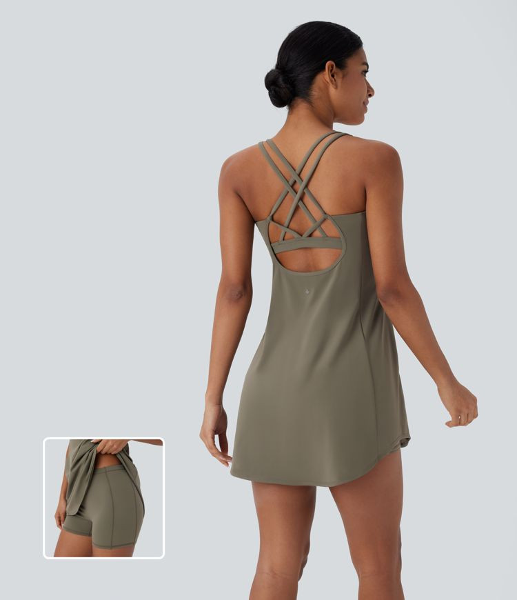 Women’s Softlyzero™ Plush Backless Crisscross Cut Out Side Pocket 2-Piece Mini Yoga Active Dr... | HALARA