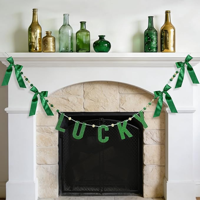 St. Patrick's Day Garland Decorations, 6.1Ft Glitter Sequin Wooden Lucky & Satin Bows Hanging Ban... | Amazon (US)