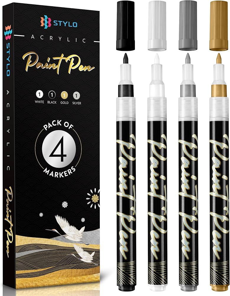 Stylo 4 Count Acrylic Metallic Pens - Black, Gold, Silver And White Paint Pens - Fine Tip Permane... | Amazon (US)
