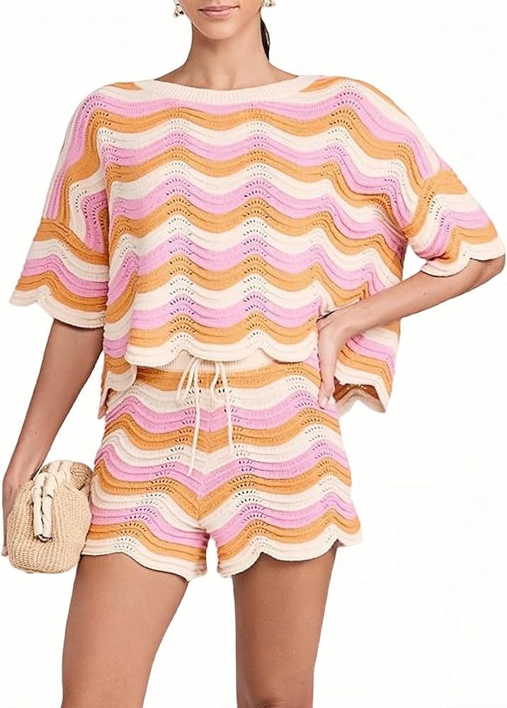 NIFTRIRY 2 Piece Sets for Women Short Sleeve Striepd Crochet Cover Up and Shorts with Drawstring ... | Amazon (US)