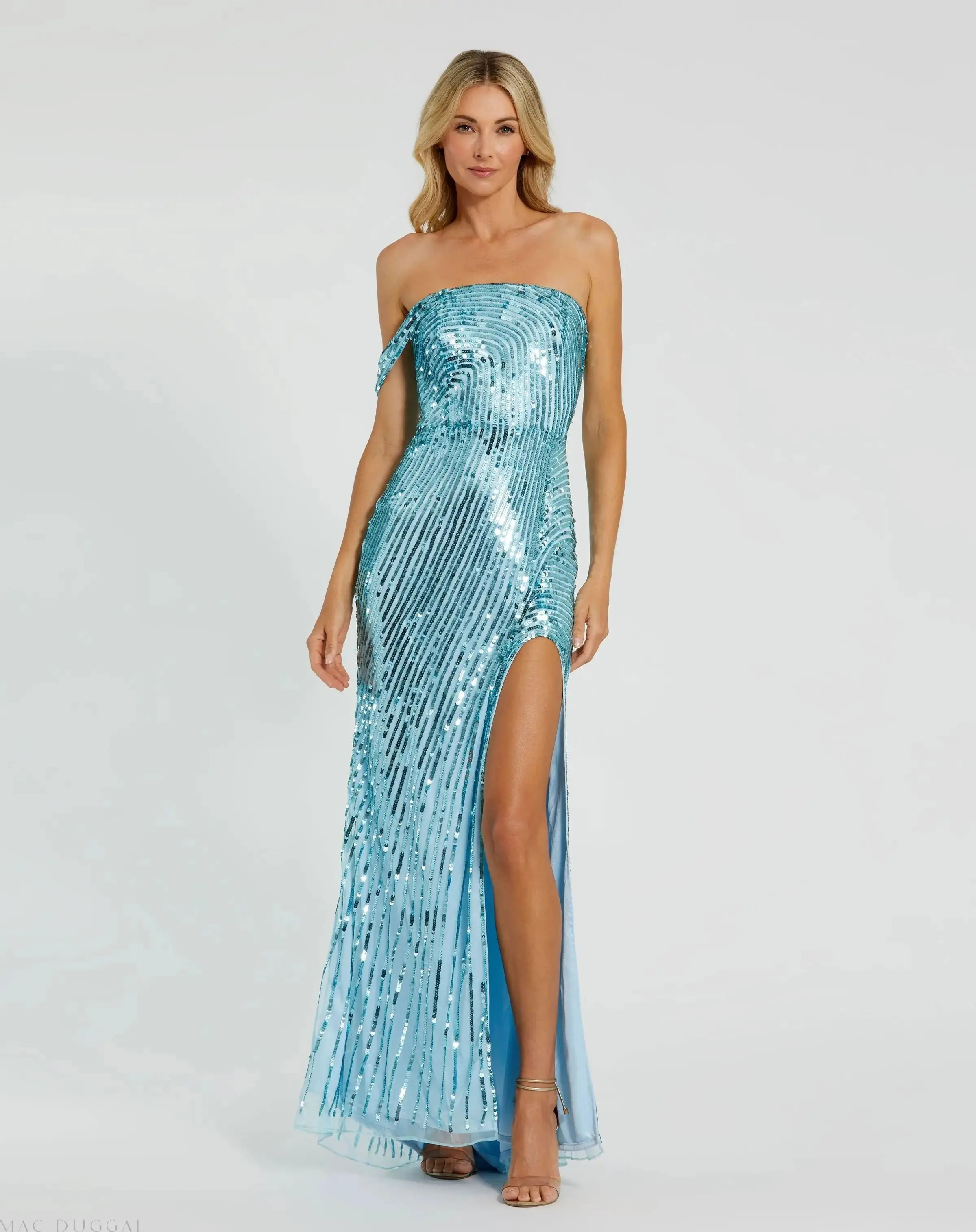 Blue One Shoulder Mesh Sequin Gown With Slit - Mac Duggal | Mac Duggal
