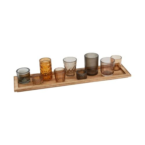 Creative Co-Op Wood Tray with 9 Brown Glass Votive Holders (Set of 10 Pieces) | Amazon (US)