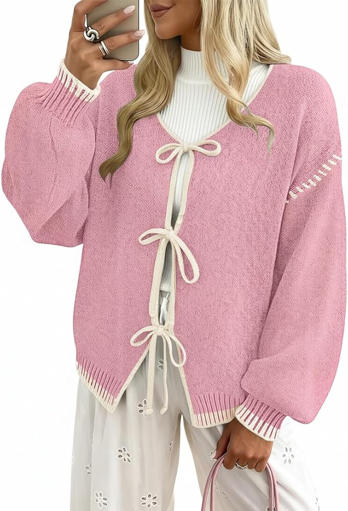 Womens Bow Tie Front Cardigan Sweaters Long Puff Sleeve Cute Print Jacket Coats 2025 Trendy Fall ... | Amazon (US)