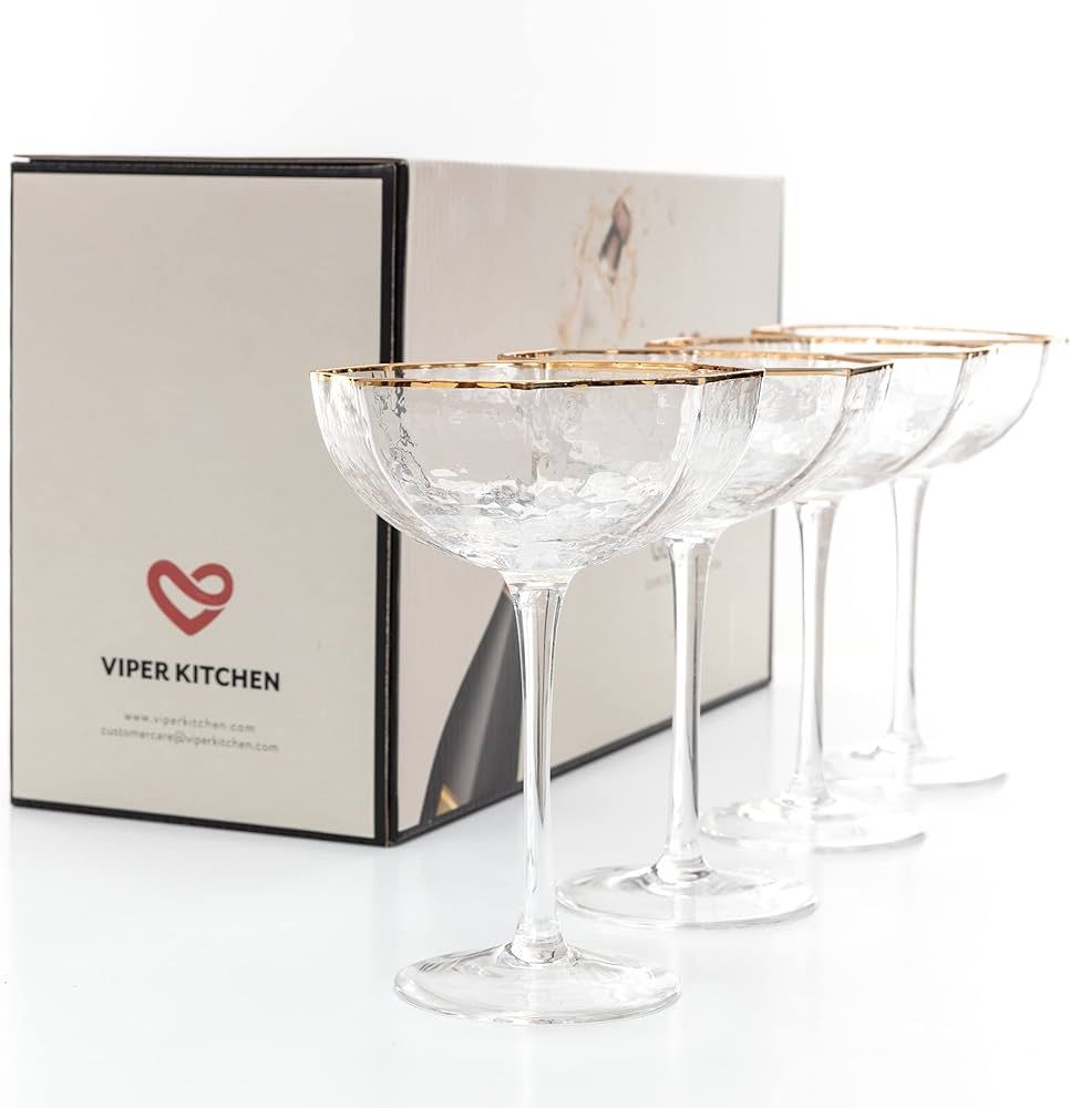 Viper Kitchen Champagne Coupe Glasses Set of 4 - Cocktail Glassware with Art Deco Gold Rim for Vi... | Amazon (US)