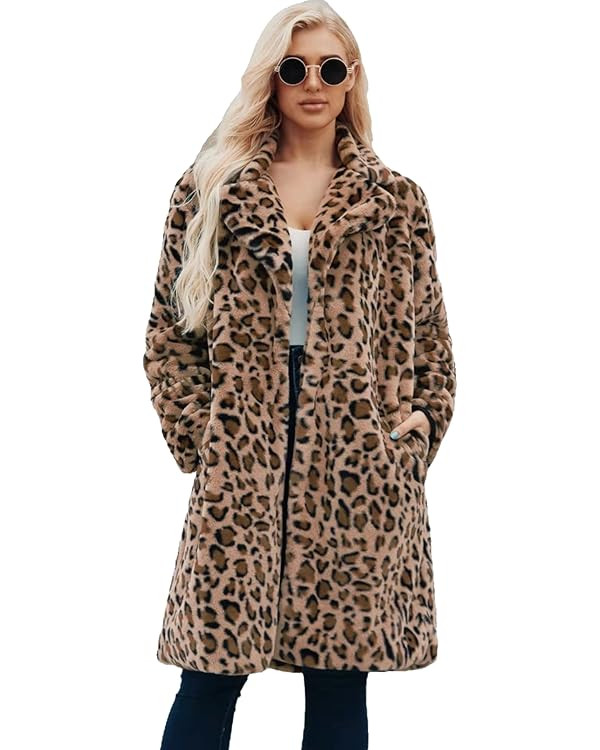 Long leopard suit collar faux fur coat women's casual coat autumn and winter new. | Amazon (US)