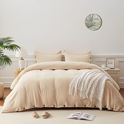 SunStyle Home Beige Duvet Cover Set King Size with Buttons Closure 100% Microfiber, 3 Pieces Soli... | Amazon (US)