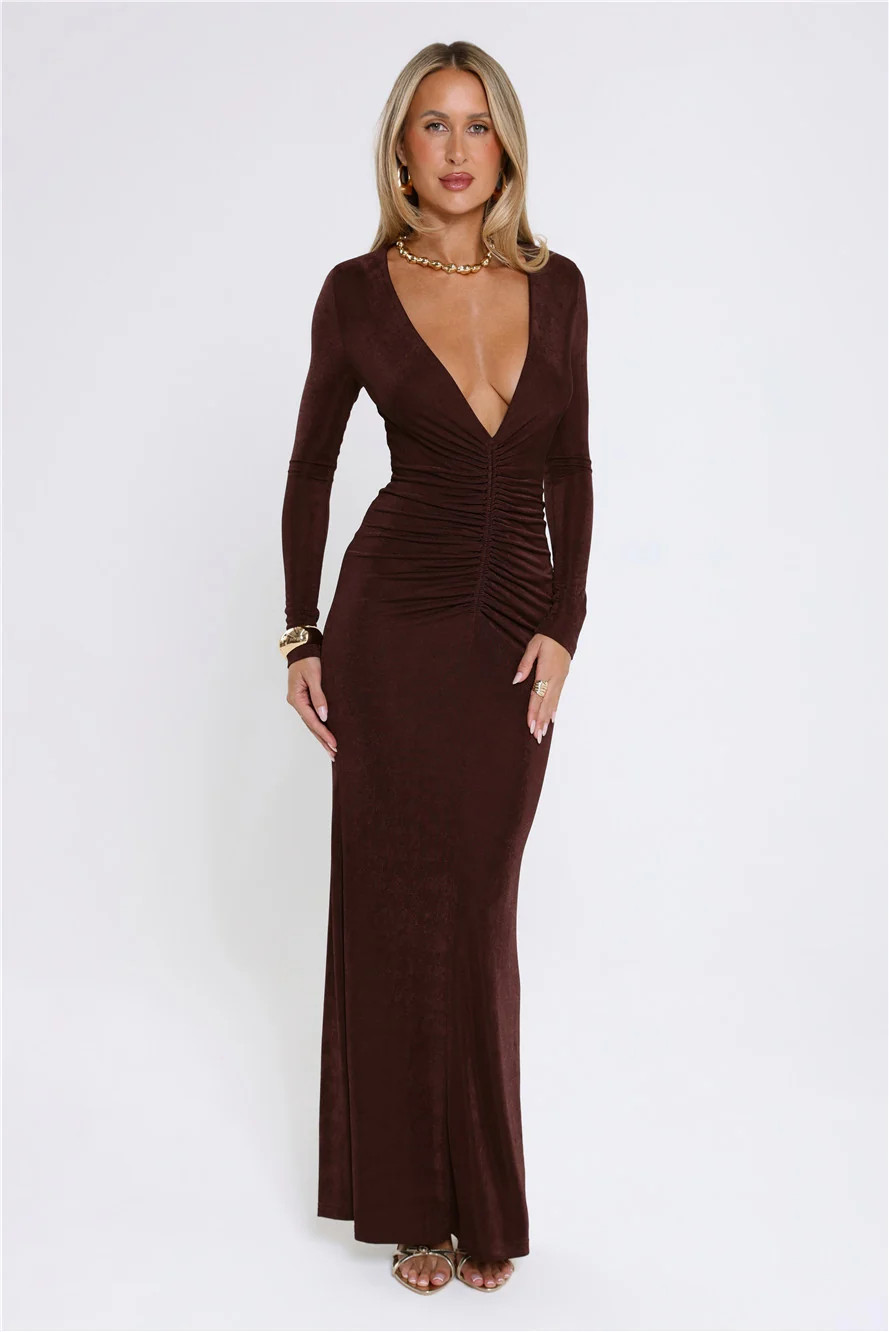 Stare Worthy Long Sleeve Maxi Dress Brown | Hello Molly (US)