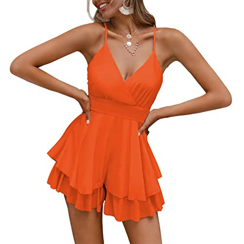 Fixmatti Women Ruffle Layered Shorts Rompers Boho Swing Spaghetti Straps Backless Chiffon Playsuits Orange L | Amazon (US)