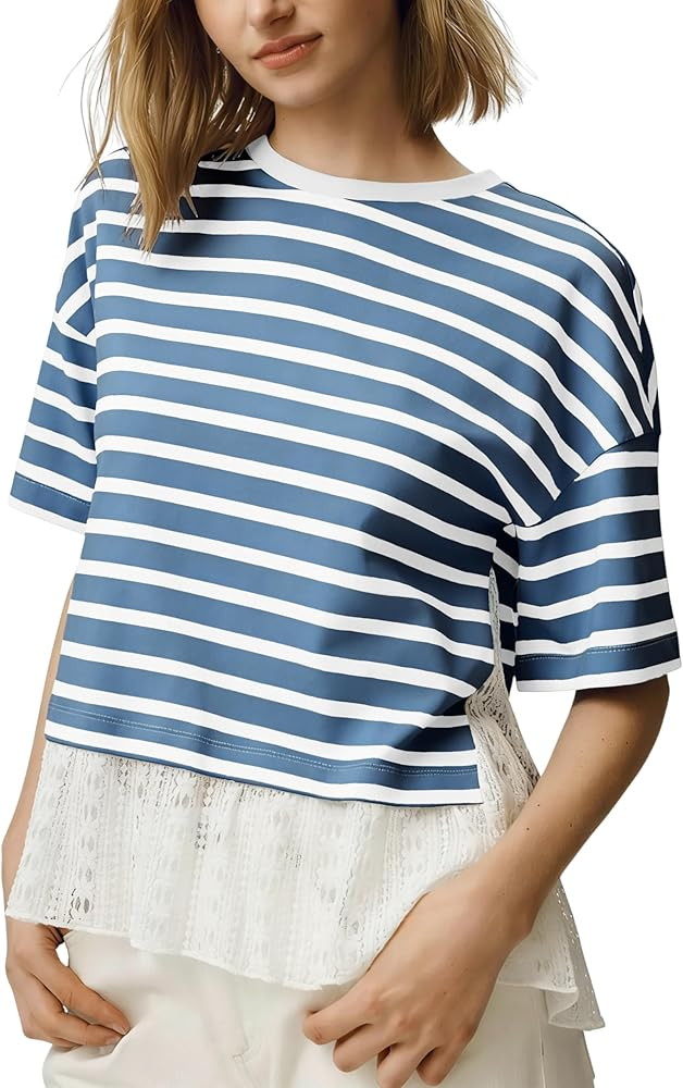 Hongsui Women's Color Block Striped Lace Hem Shirts Crewneck Short Sleeve Casual Knit Pullover To... | Amazon (US)