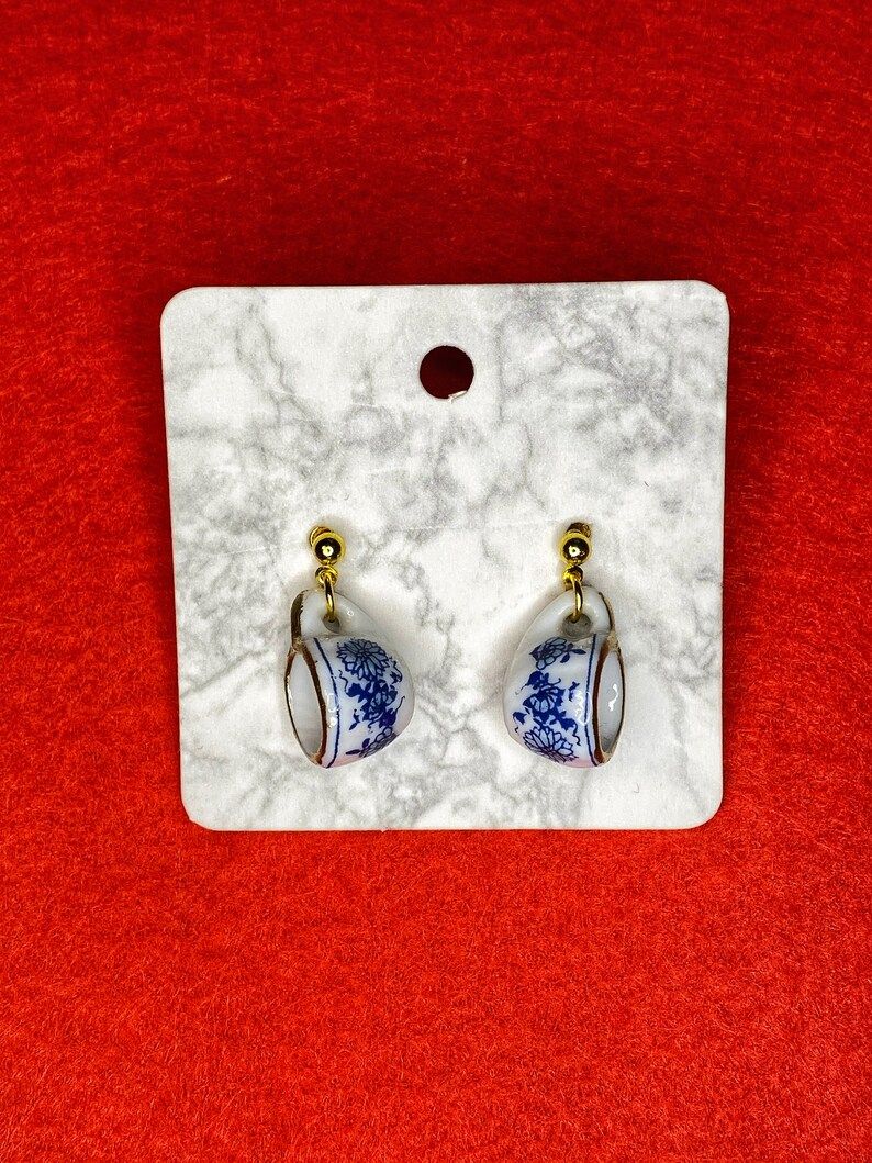 Blue ceramic teacup earrings | Etsy (US)