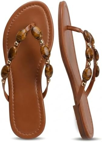 Oakmoo Women Jewelled Thong Strap Open Round Toe Flip Flops Comfy Slip on Flats Sandals Casual Su... | Amazon (US)