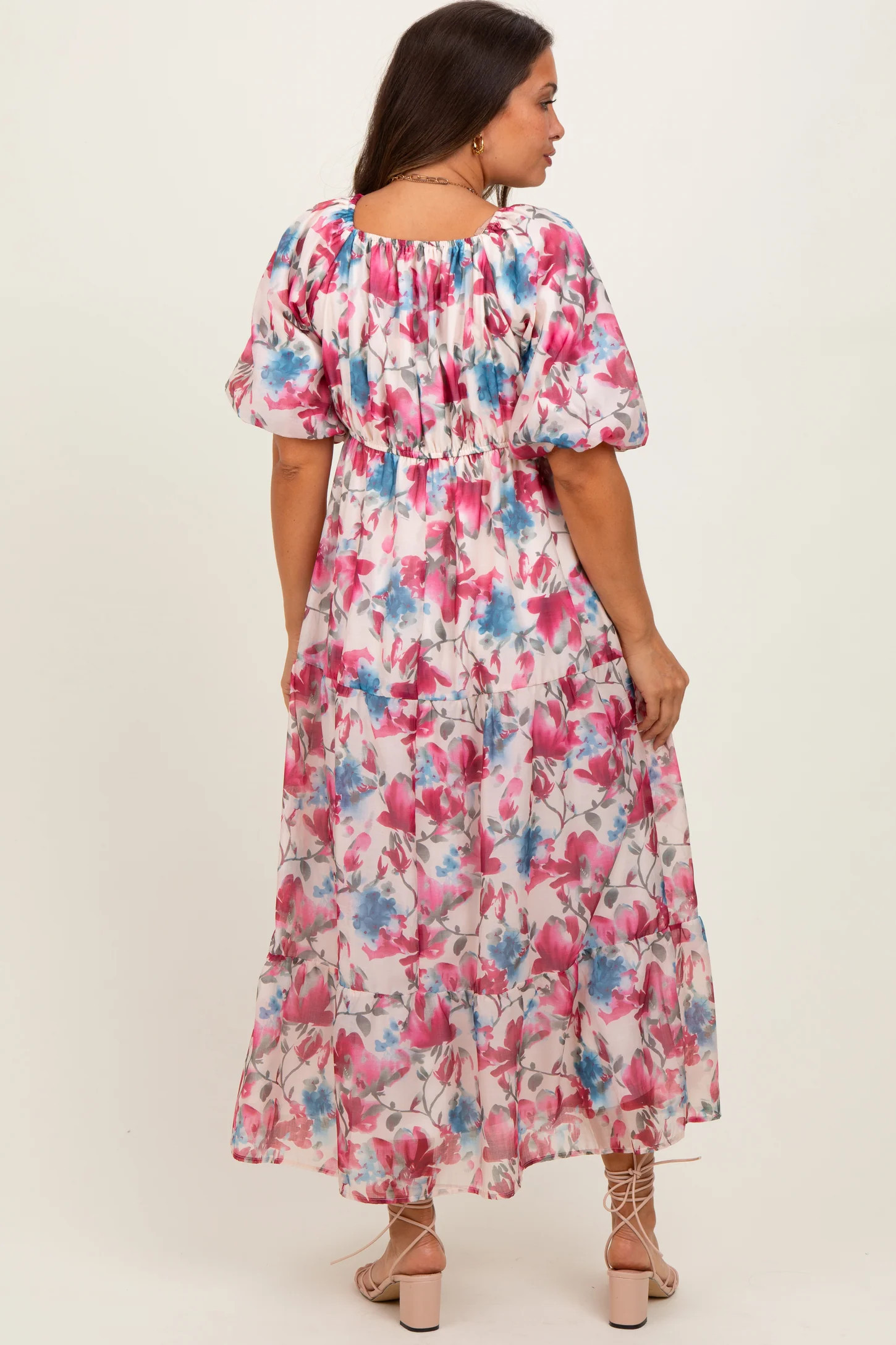 Pink Floral Tiered Puff Sleeve Maternity Midi Dress | PinkBlush Maternity