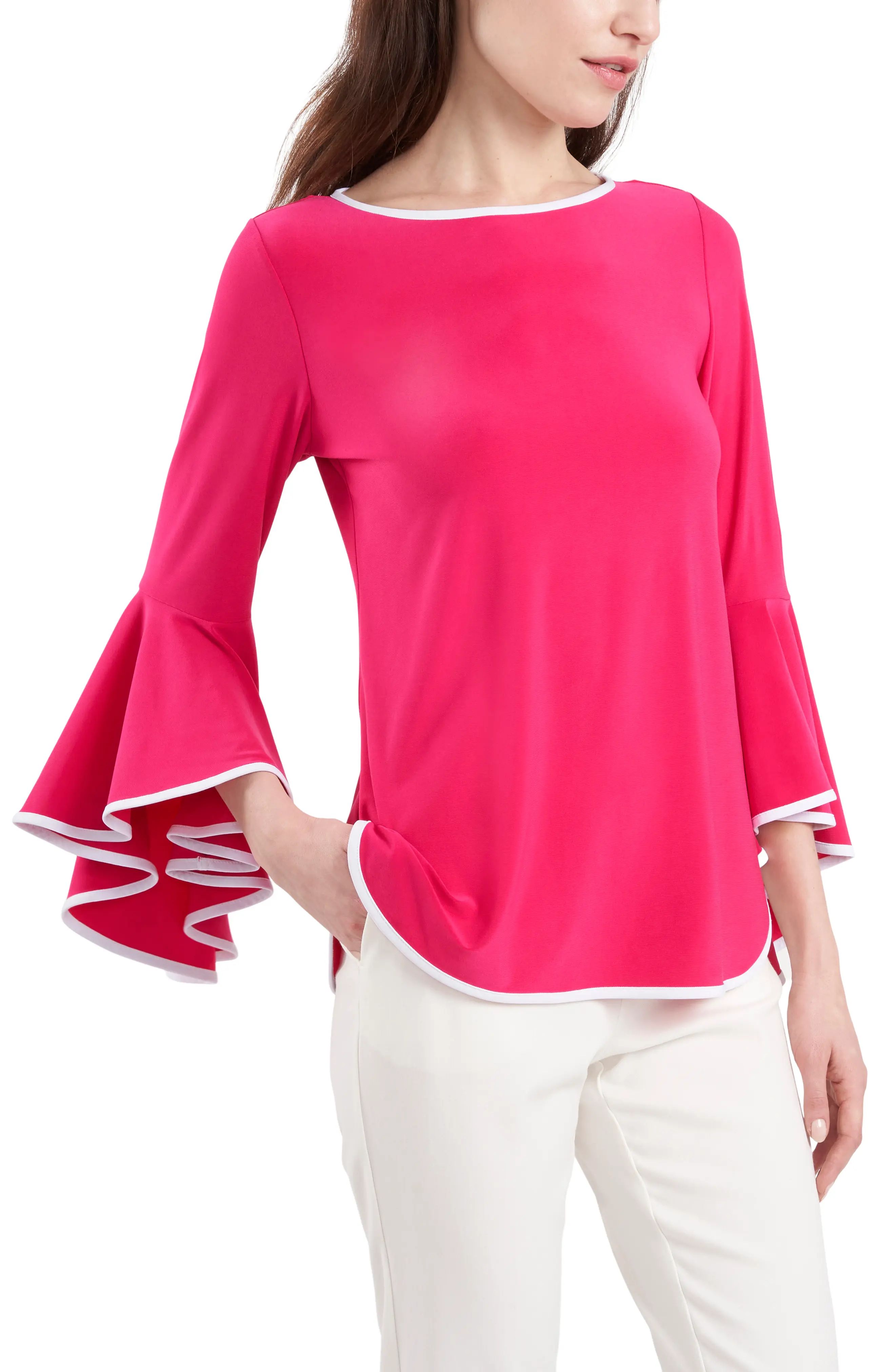 Chaus Bell Sleeve Jersey Top in Pink/White at Nordstrom, Size Large | Nordstrom