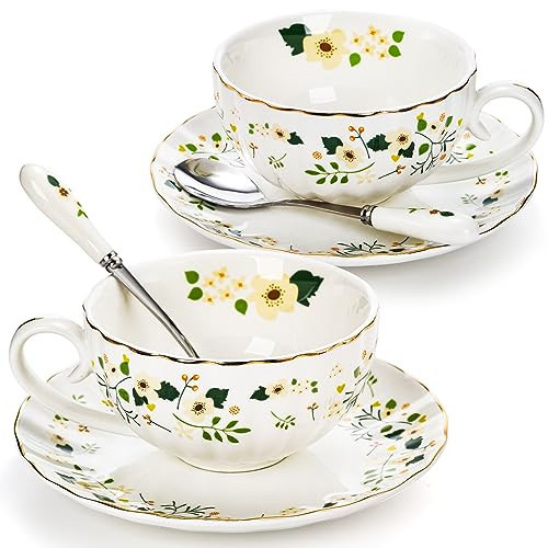 Lyellfe Set of 2 Tea Cup and Saucers, 6 Oz Floral Tea Cups with Spoon Gold Trim, Porcelain Bone China British Coffee Cappuccino Espresso Latte Mugs for Party Birthday Wedding Gifts | Amazon (US)