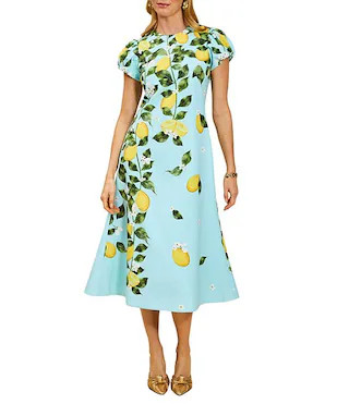 Perla Sorrento Citrus Print Crew Neck Short Puff Sleeve Fit-And-Flare Midi Dress | Dillard's