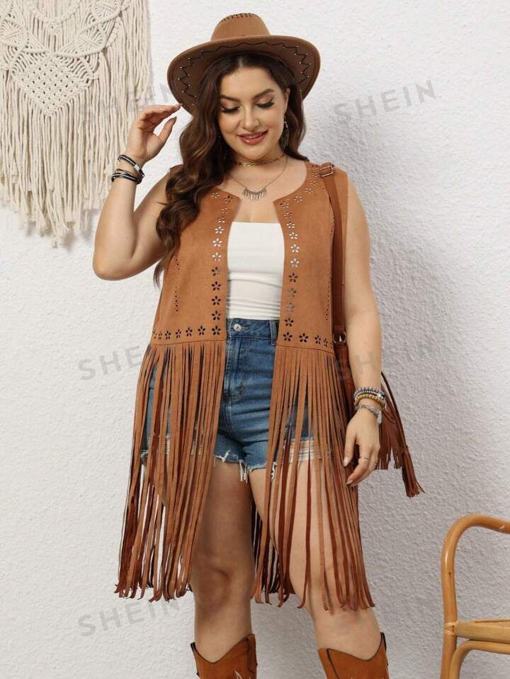 RELISH NOLESS Plus Fringe Hem Suedette Vest Coat | SHEIN