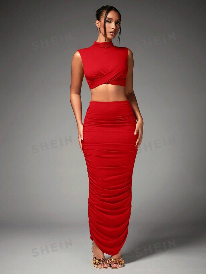 SHEIN x Deborah SHEIN BAE Women's Mock Neck Pleated Crop Top And Skirt Set For New Year Party | S... | SHEIN