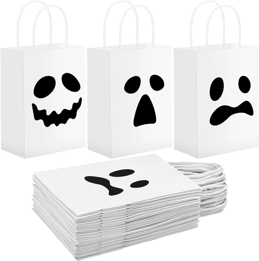 Honoson 24 Pieces Ghost Halloween Treat Bags Halloween Paper Gift Bags Halloween Goodie Bags with Ha | Amazon (US)