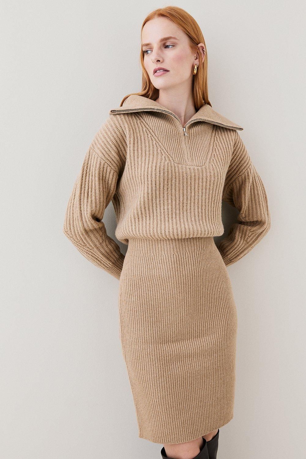 Merino Wool Ribbed Knit Half Zip Midi Dress | Karen Millen UK + IE + DE + NL