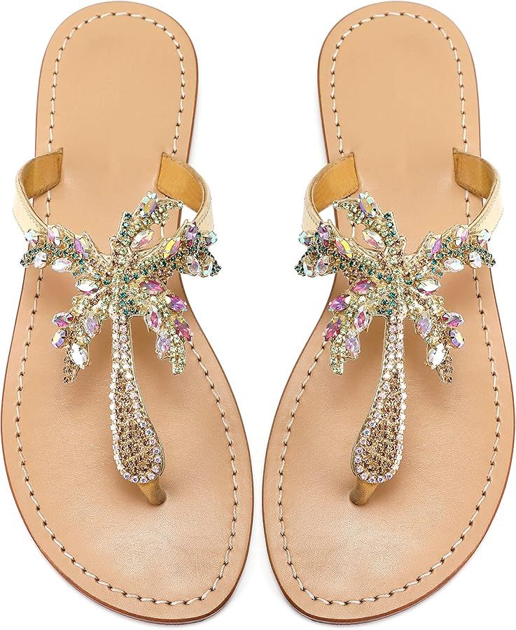 Monrovia Women's Rhinestone Jeweled Flat Beach Wedding Summer Sandals Gold Rhinestone Jeweled San... | Amazon (US)